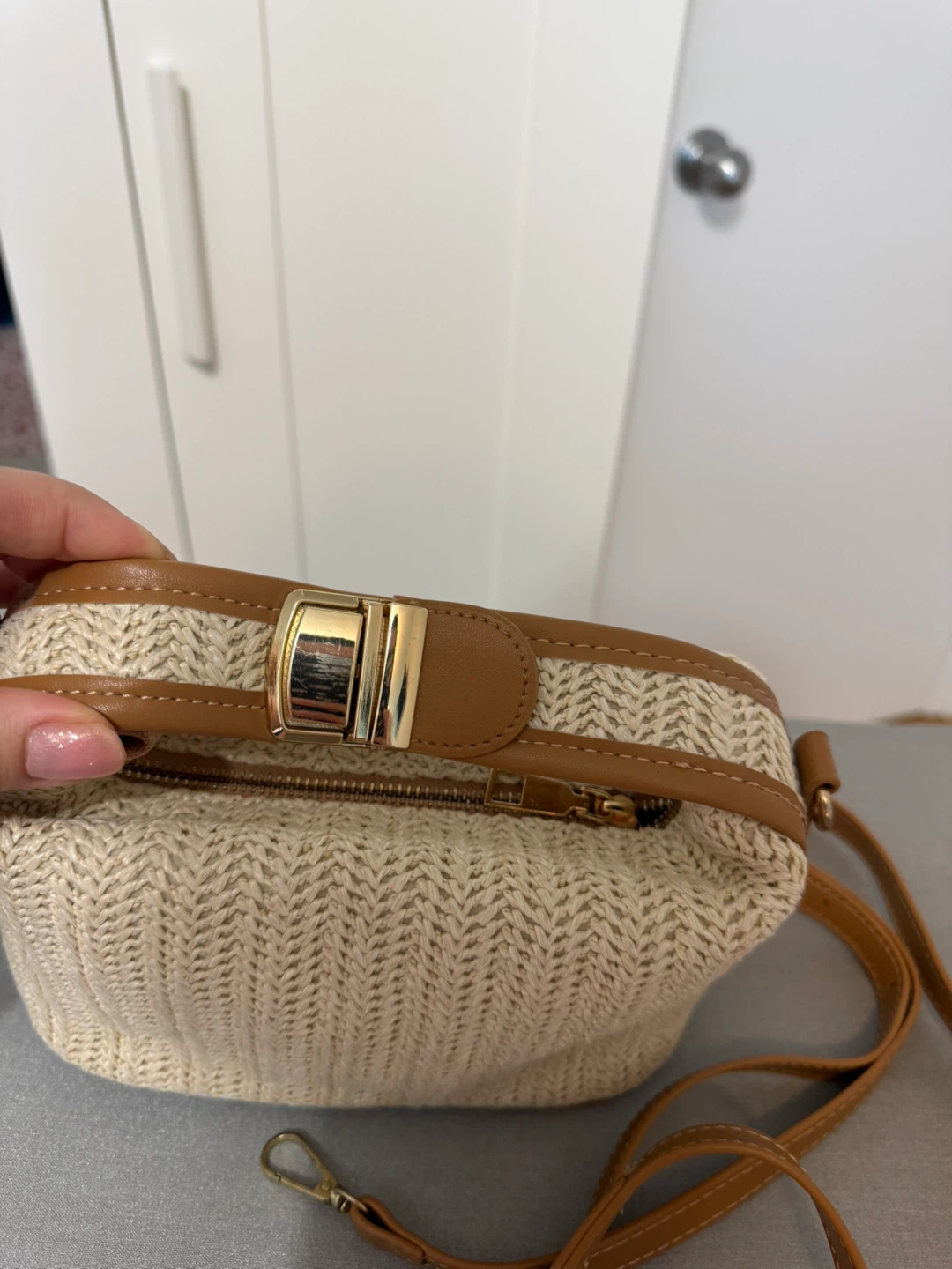 Straw Crossbody Bag with Faux Leather Trim - photo 2