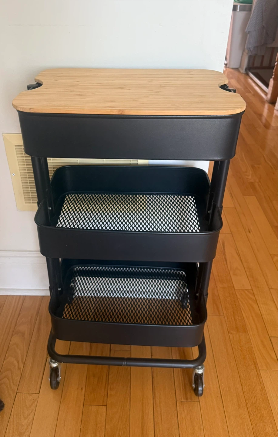 Black 3-Tier Rolling Cart with Bamboo Top