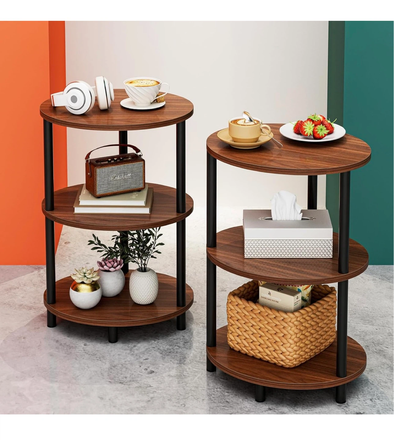 Round 3-Tier Side Table with Wood Finish