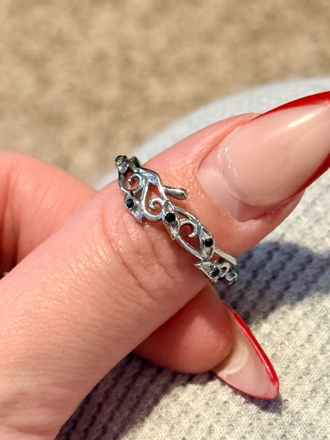 Silver-tone Filigree Ring with Black Stones - photo 3