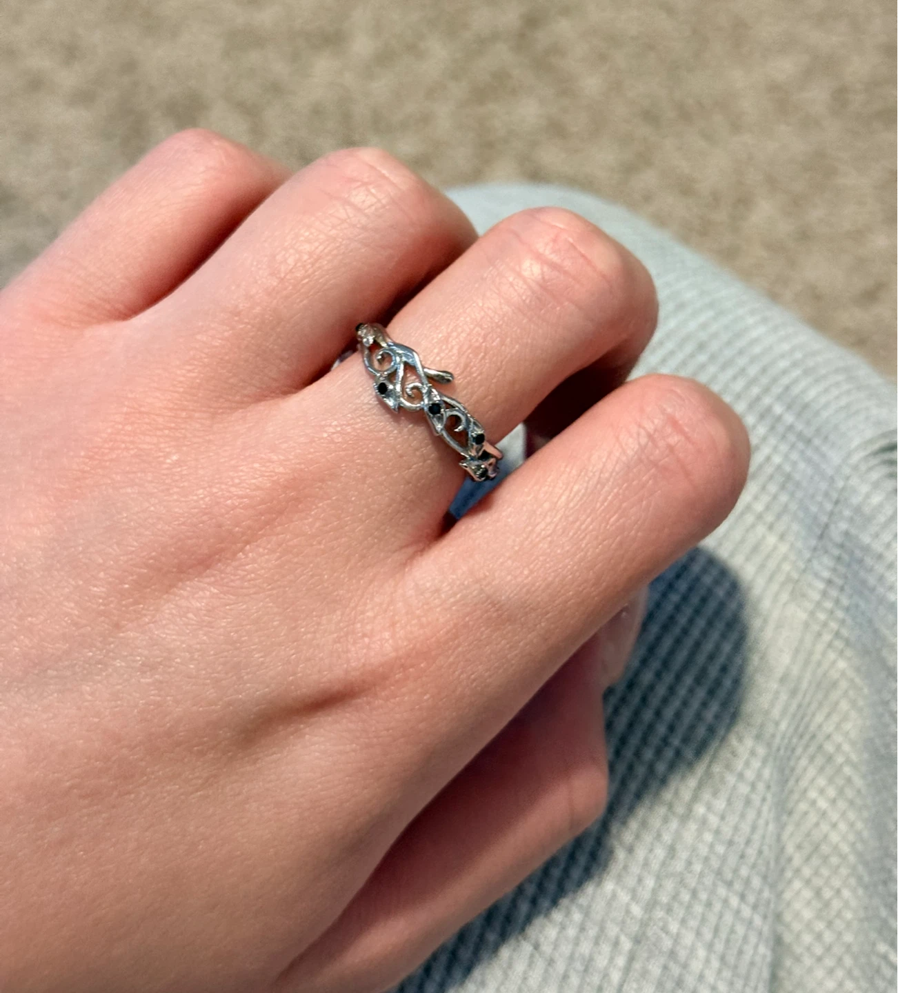 Silver-tone Filigree Ring with Black Stones