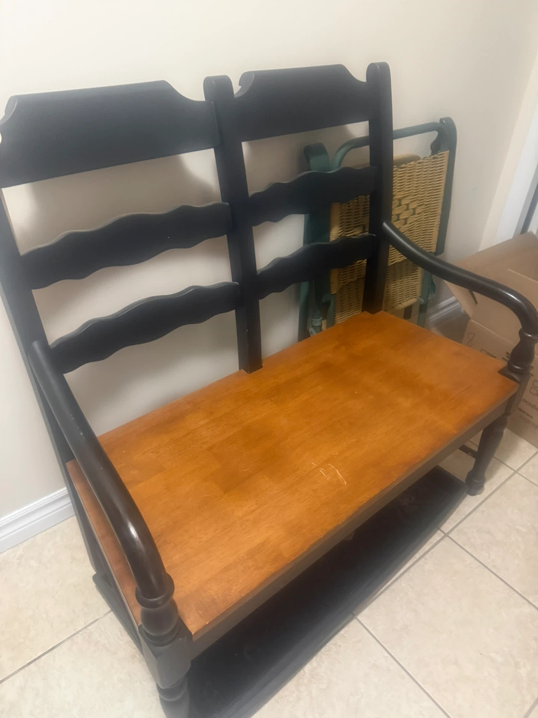 Black and Wood Two-Seater Bench