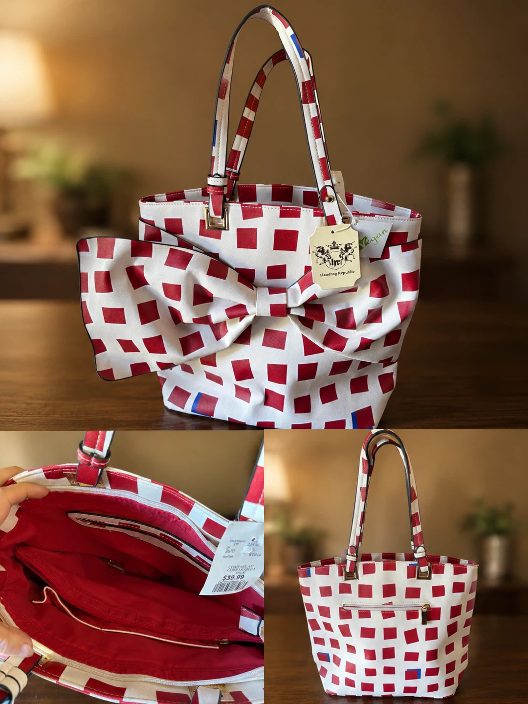 Handbag Republic Tote Bag - Red and White Checkered with Bow