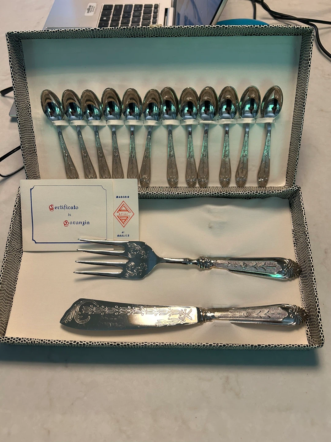 Set of 10 Silver Spoons, Fork, and Knife