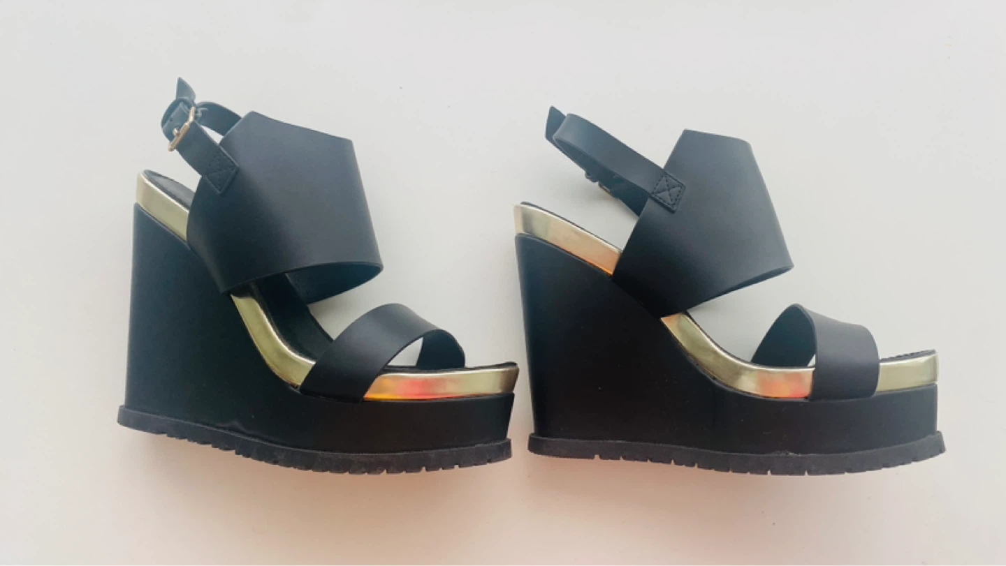 Black Wedge Sandals with Gold Trim