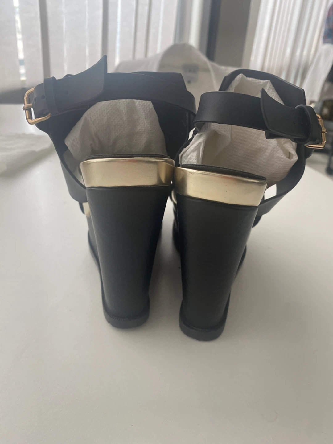 Black Wedge Sandals with Gold Trim - photo 4