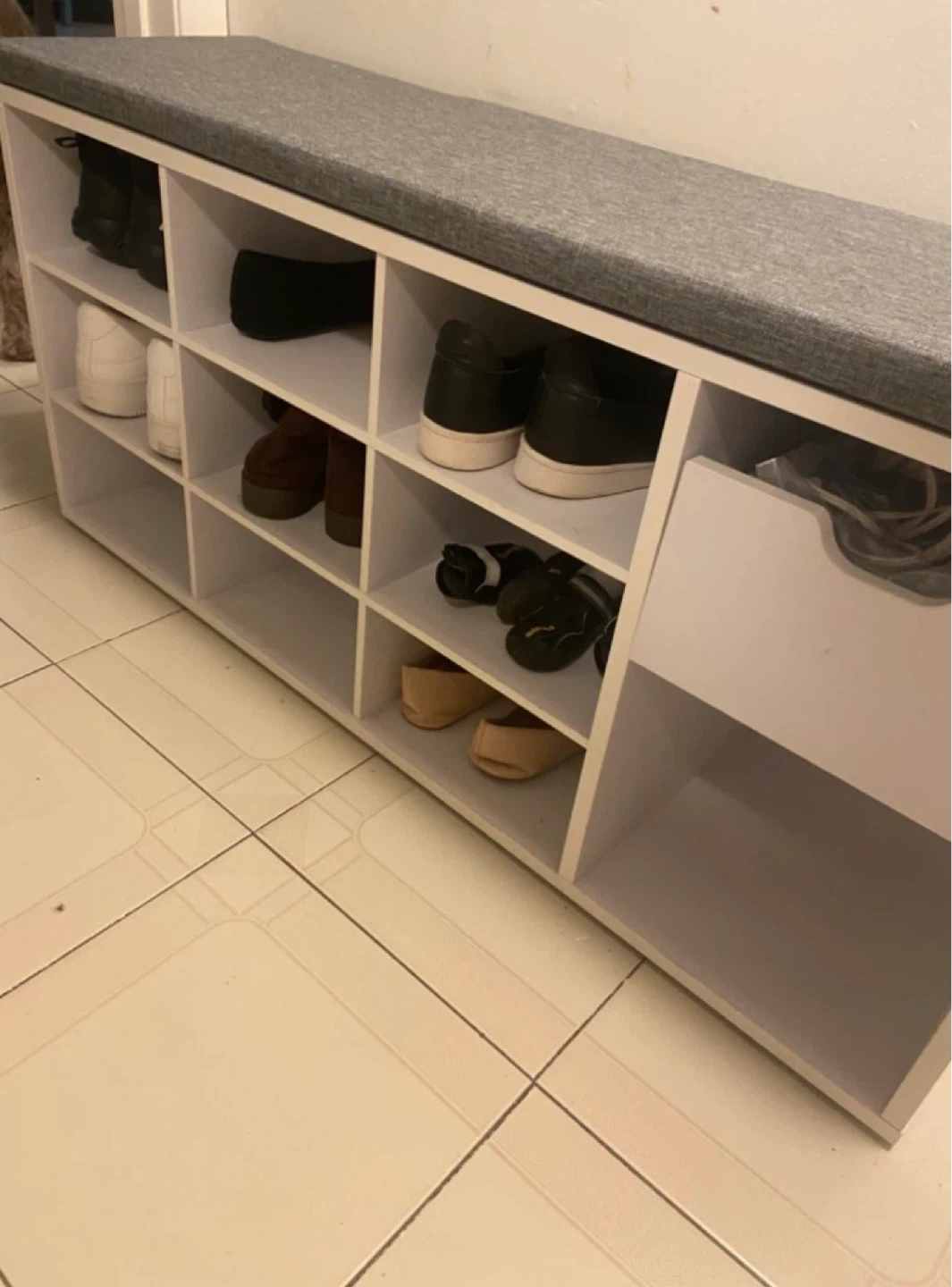 White Shoe Rack Bench with Storage and Grey Cushion