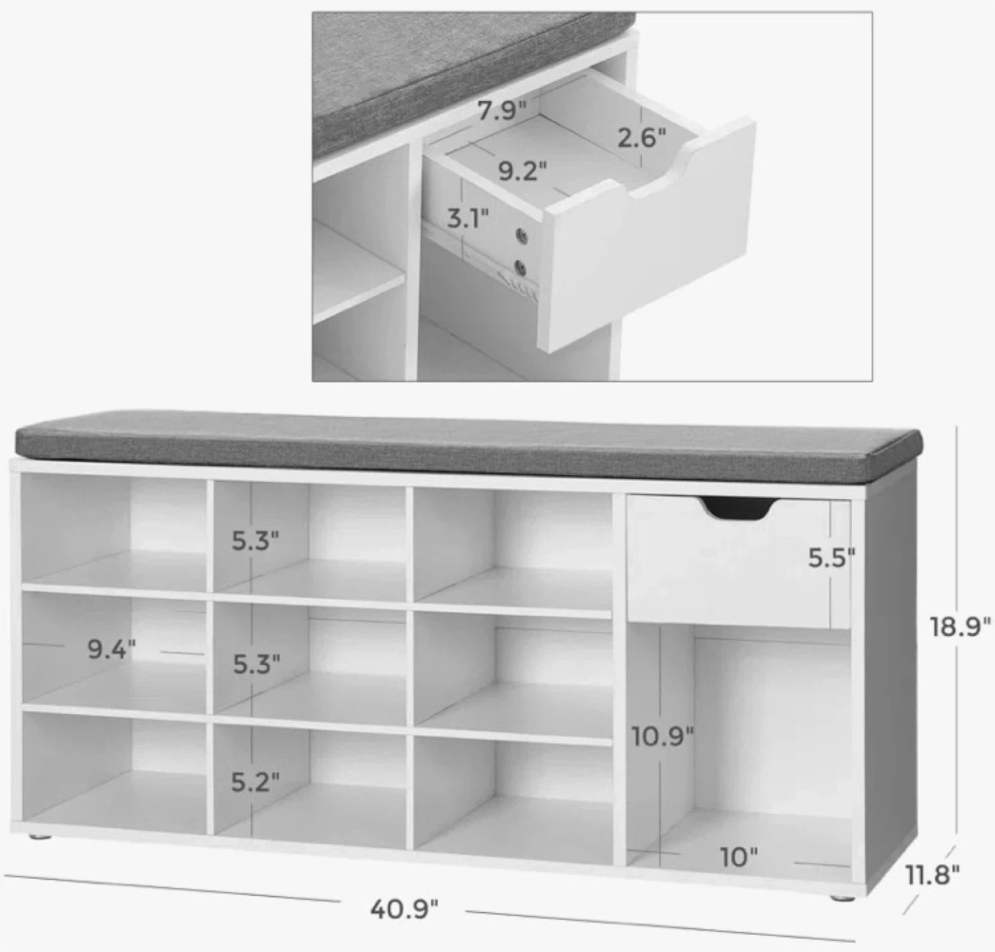 White Shoe Rack Bench with Storage and Grey Cushion - photo 4
