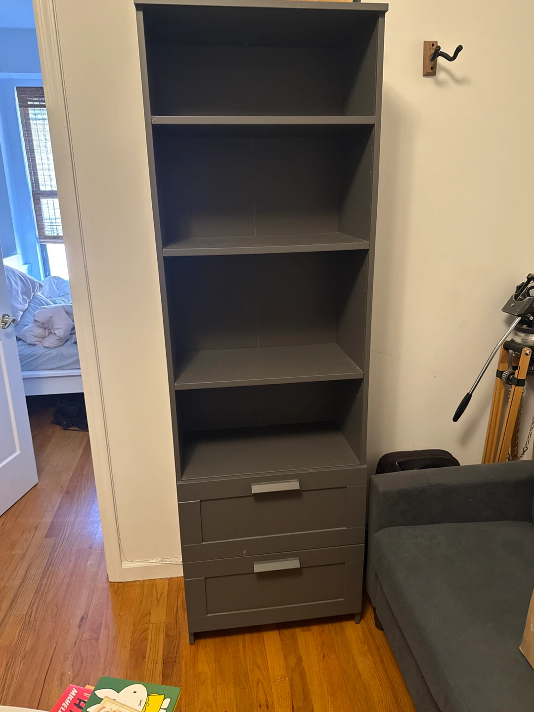 Gray Tall Bookshelf with Drawers