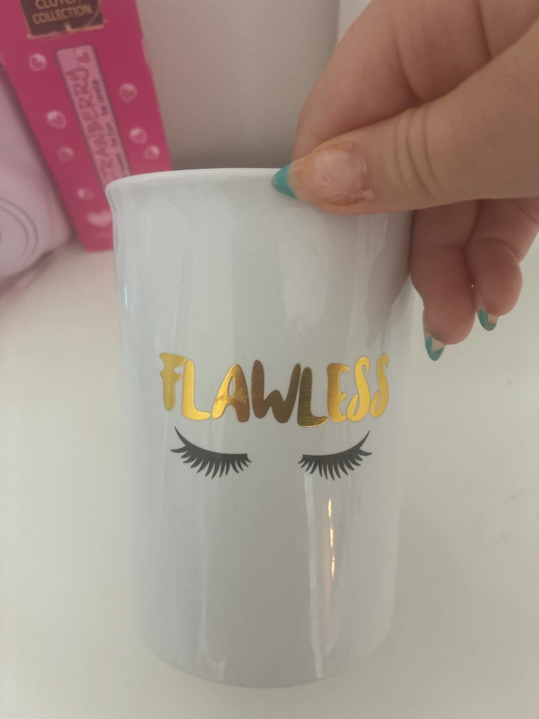 White Ceramic Mug with Gold "Flawless" Text and Eyelashes