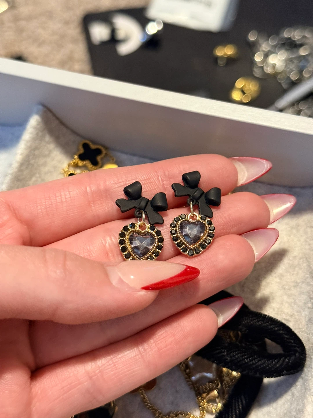 Heart Charm Drop Earrings with Black Bows - photo 3