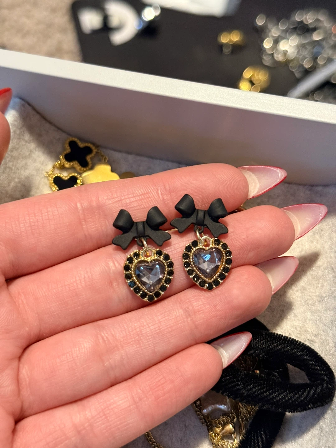 Heart Charm Drop Earrings with Black Bows - photo 2