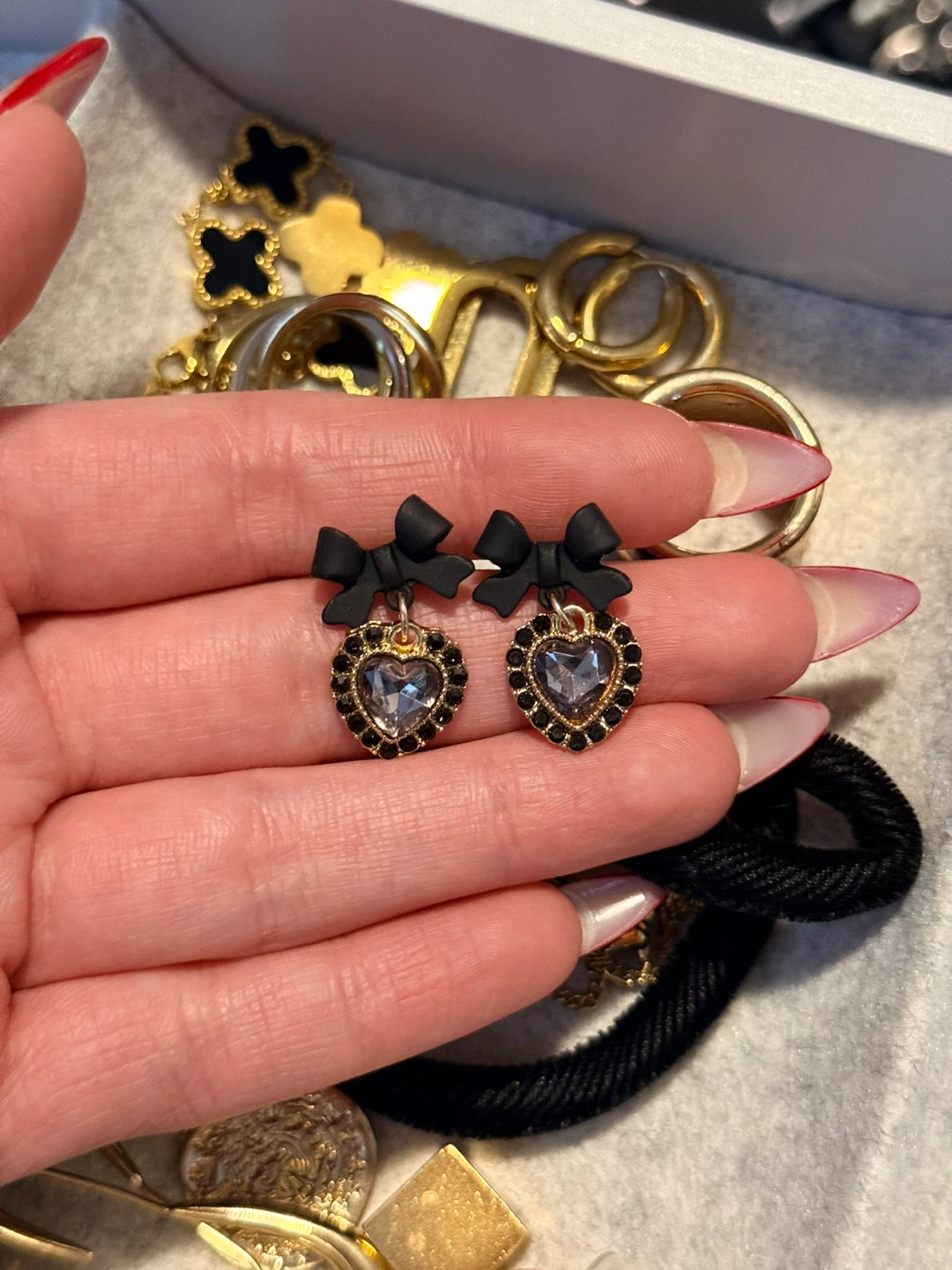 Heart Charm Drop Earrings with Black Bows