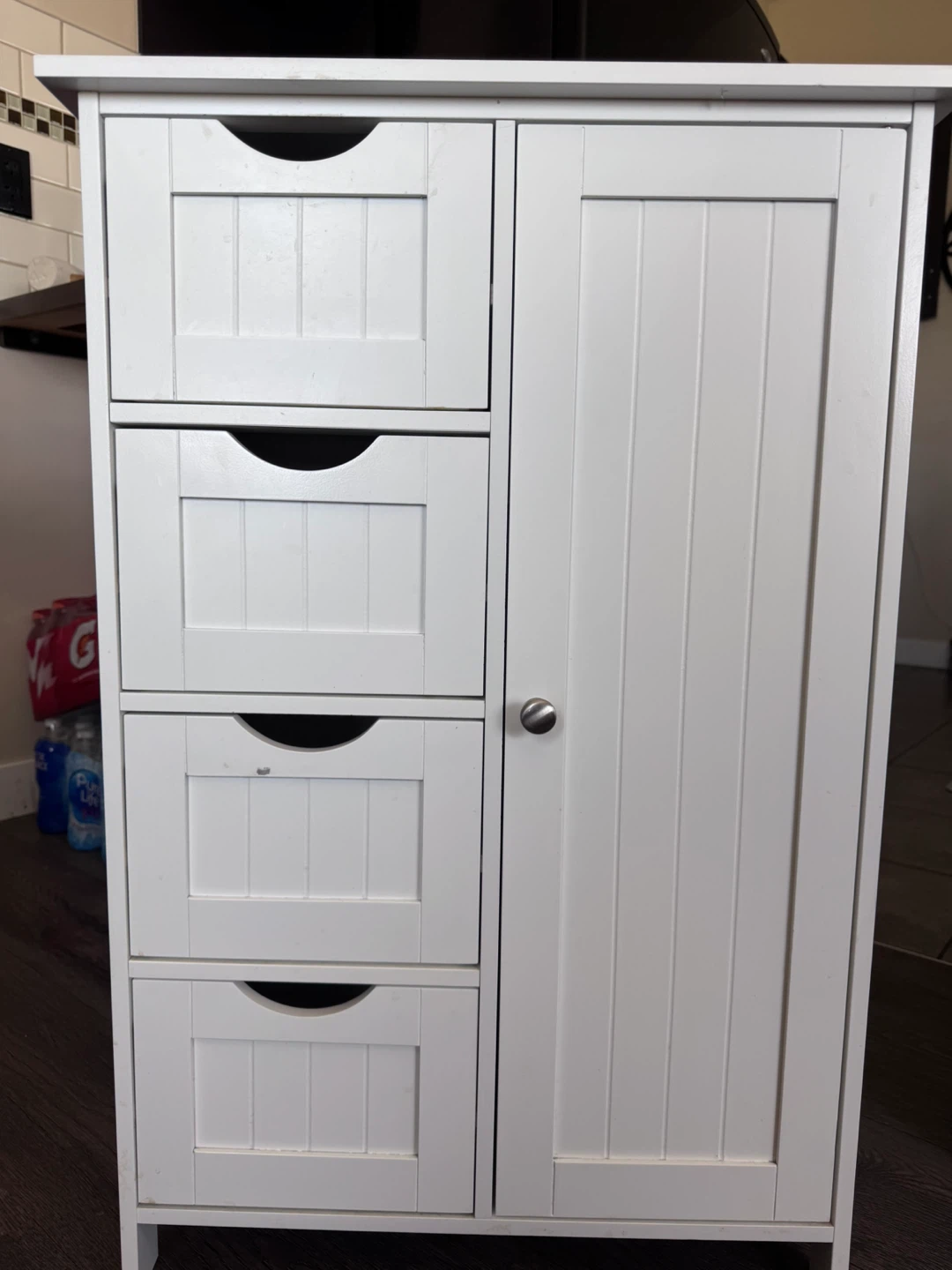 White Bathroom Storage Cabinet with 4 Drawers and 1 Door