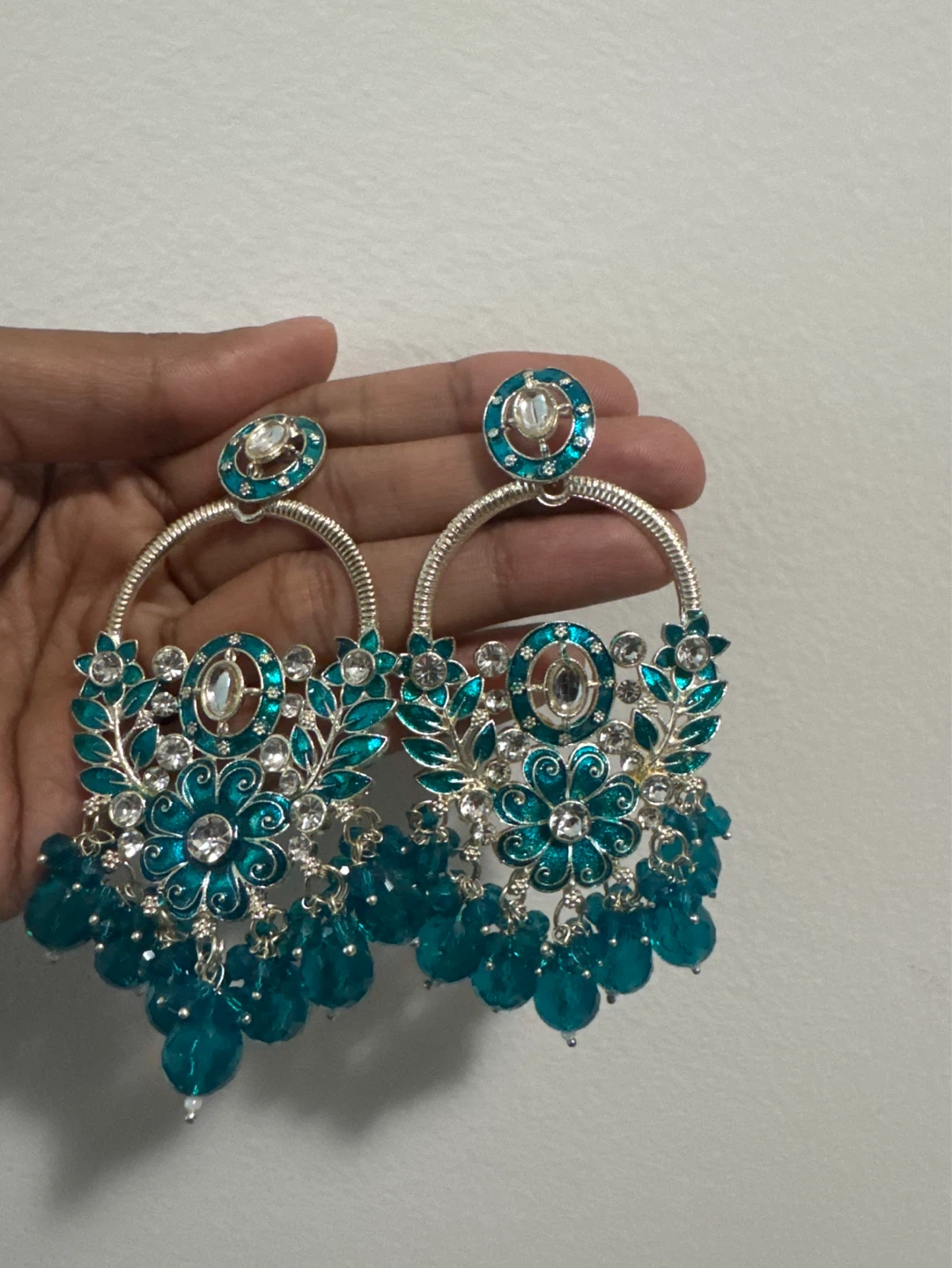 Teal Chandelier Earrings with Rhinestones - photo 2
