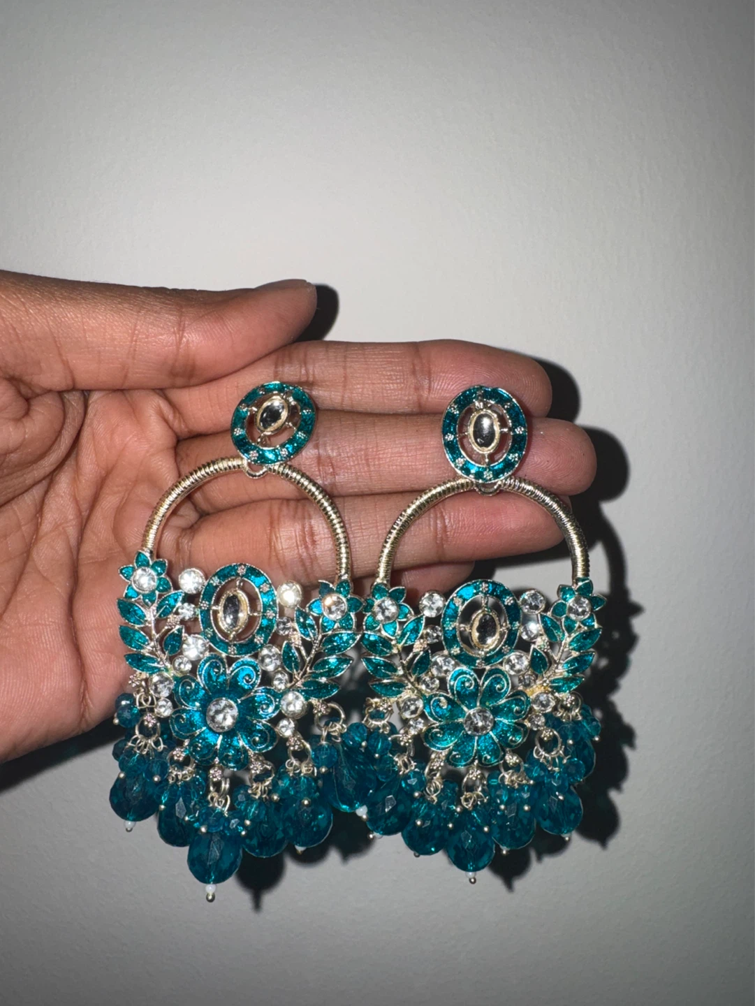 Teal Chandelier Earrings with Rhinestones