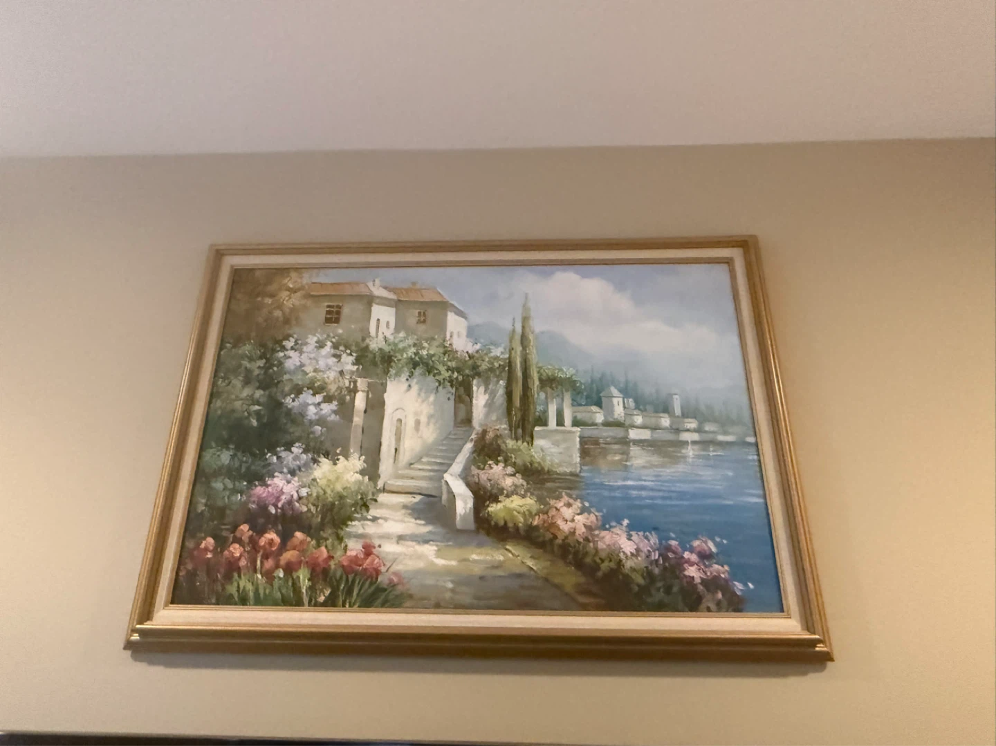 Framed Oil Painting of a Lakeside Villa