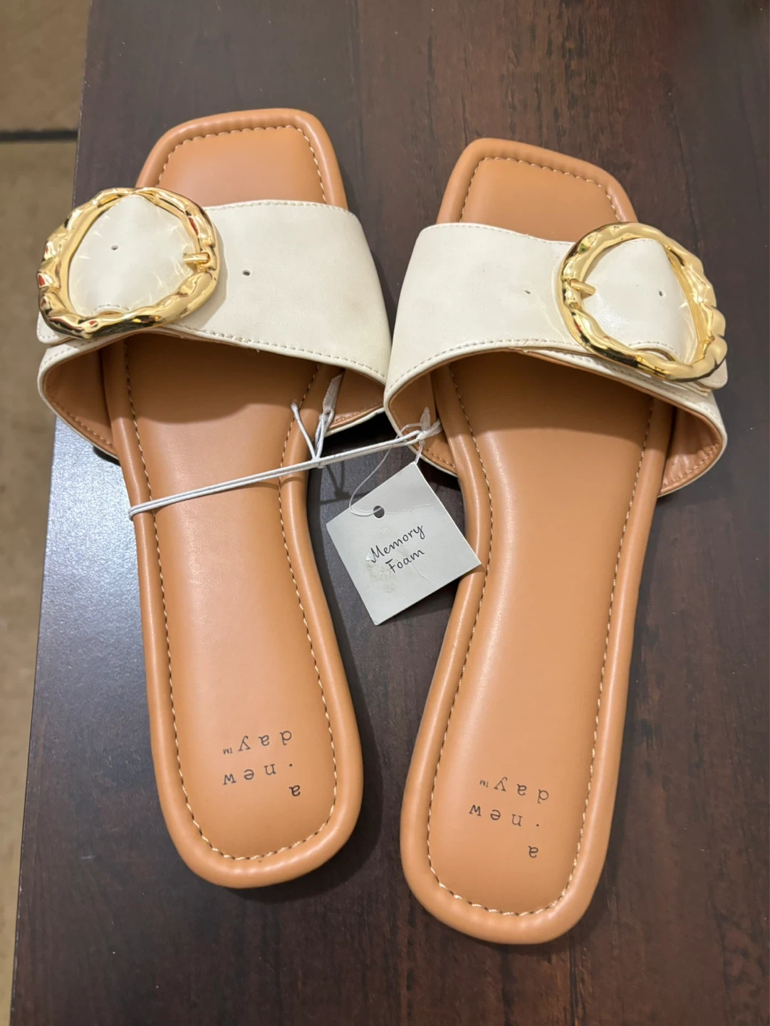 NEW-A New Day Cream Faux Leather Slide Sandals