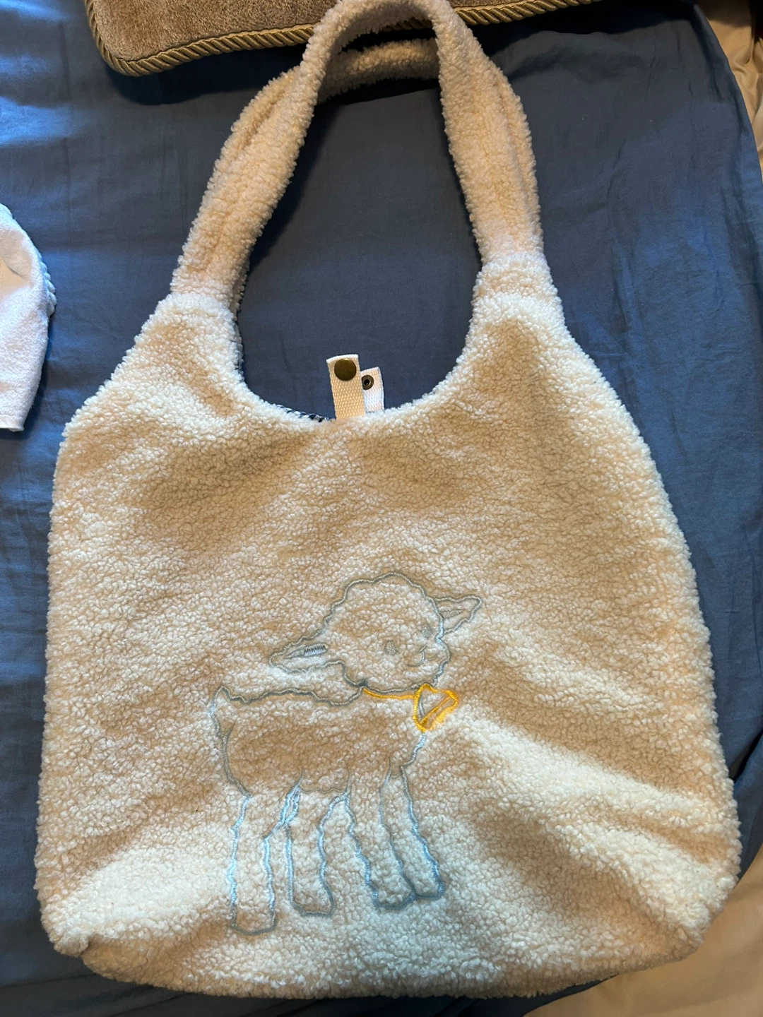 Cream Tote Bag with Lamb Embroidery