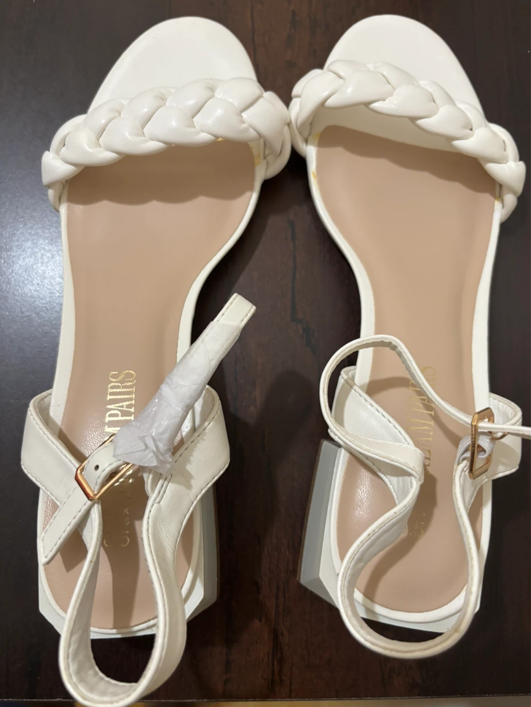 NEW-White Braided Strap Block Heel Sandals