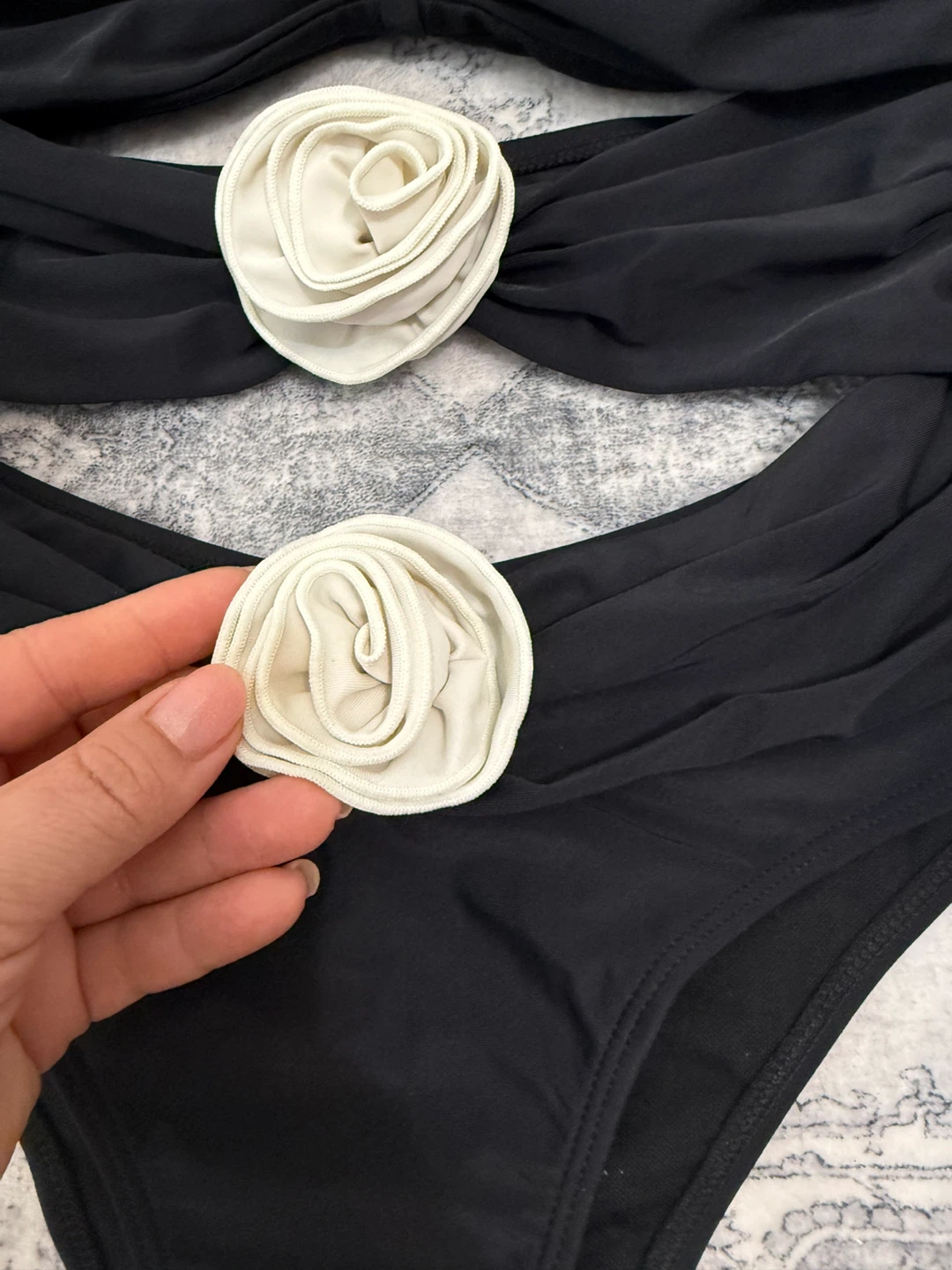 Black Strapless One-Piece Swimsuit with Rose Embellishments - photo 2