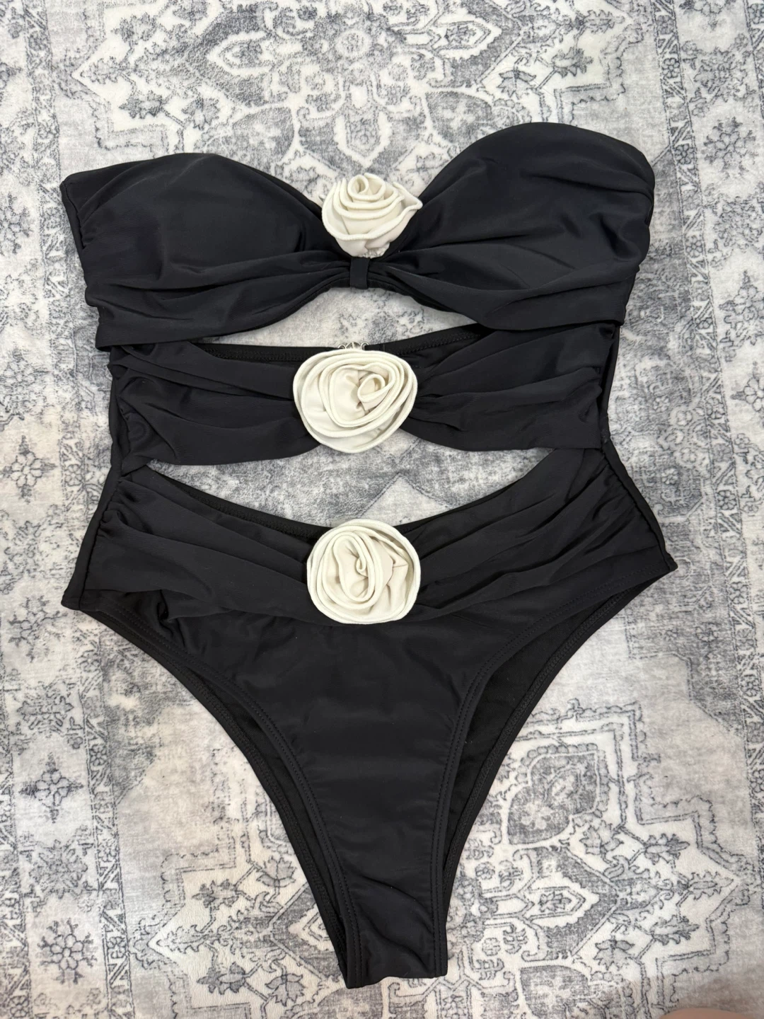 Black Strapless One-Piece Swimsuit with Rose Embellishments