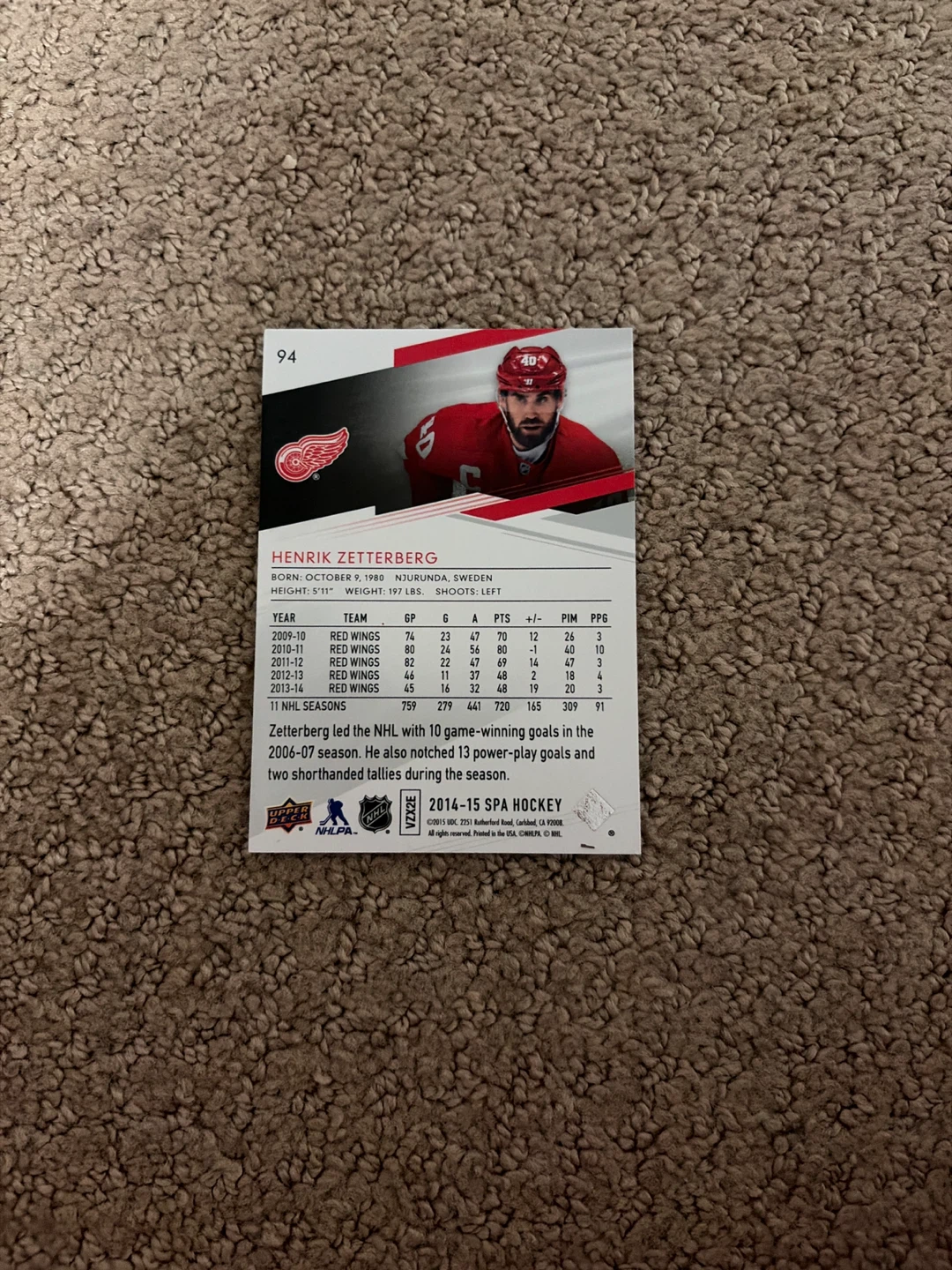 2014-15 SPA Hockey Henrik Zetterberg Card - photo 2