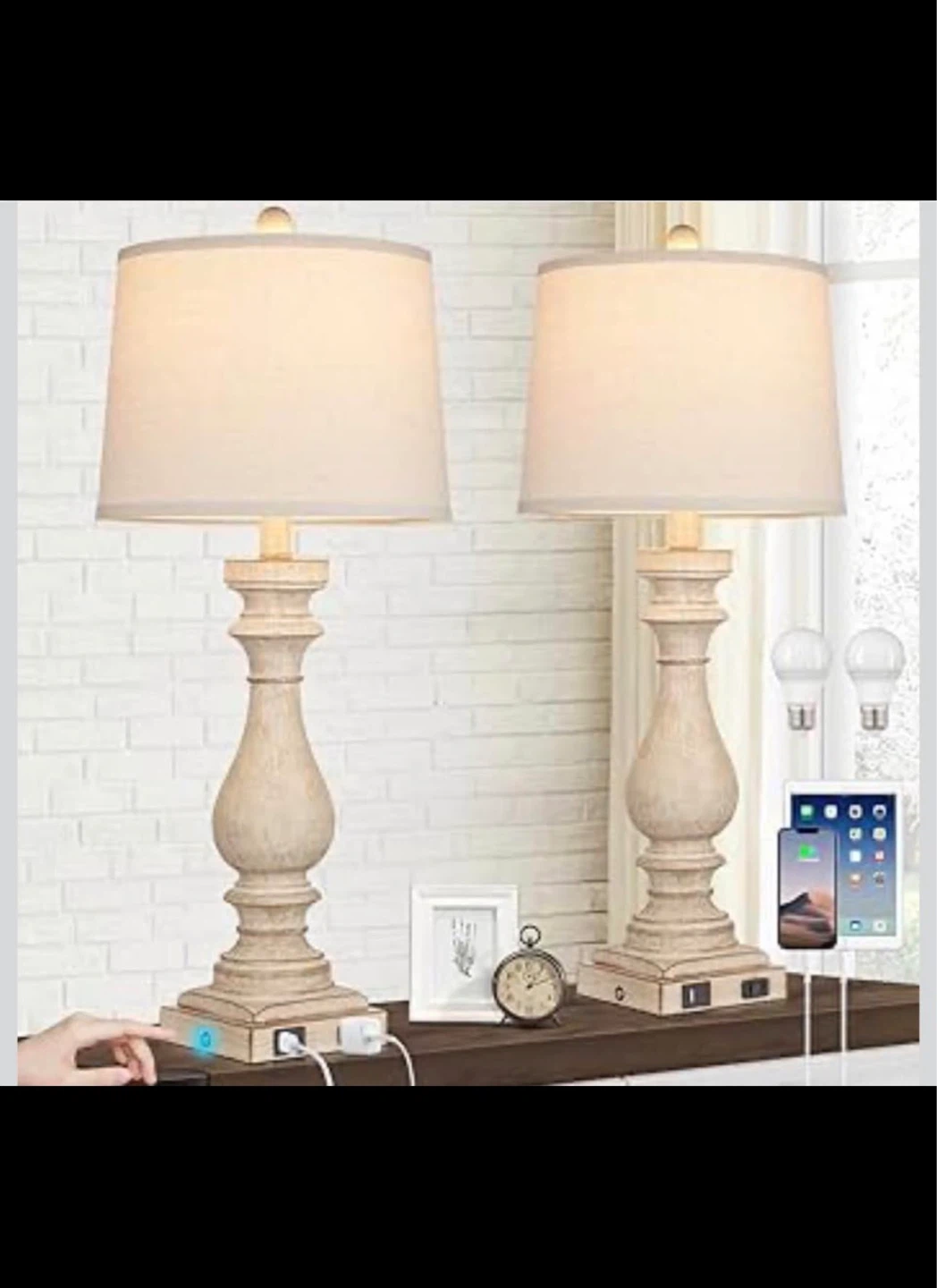 Set of 2 Vintage Table Lamps with USB Charging Ports
