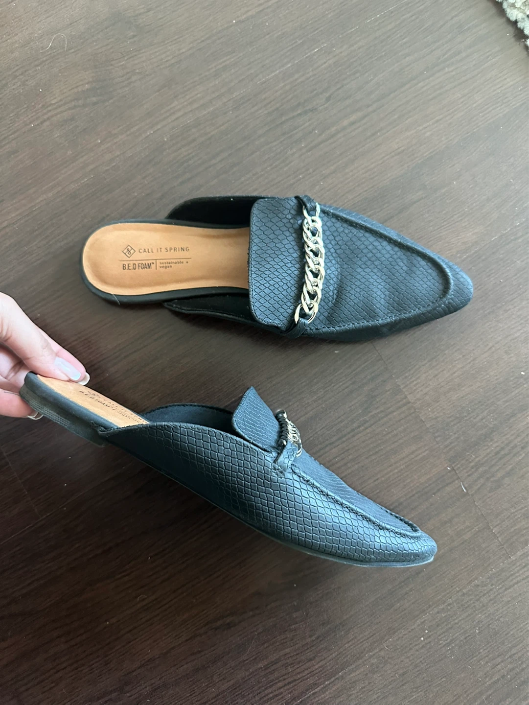 Call It Spring Black Faux Mules with Chain Detail