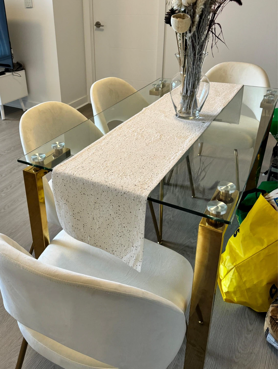 Glass Dining Table with Gold Legs and 4 Cream Chairs - photo 2