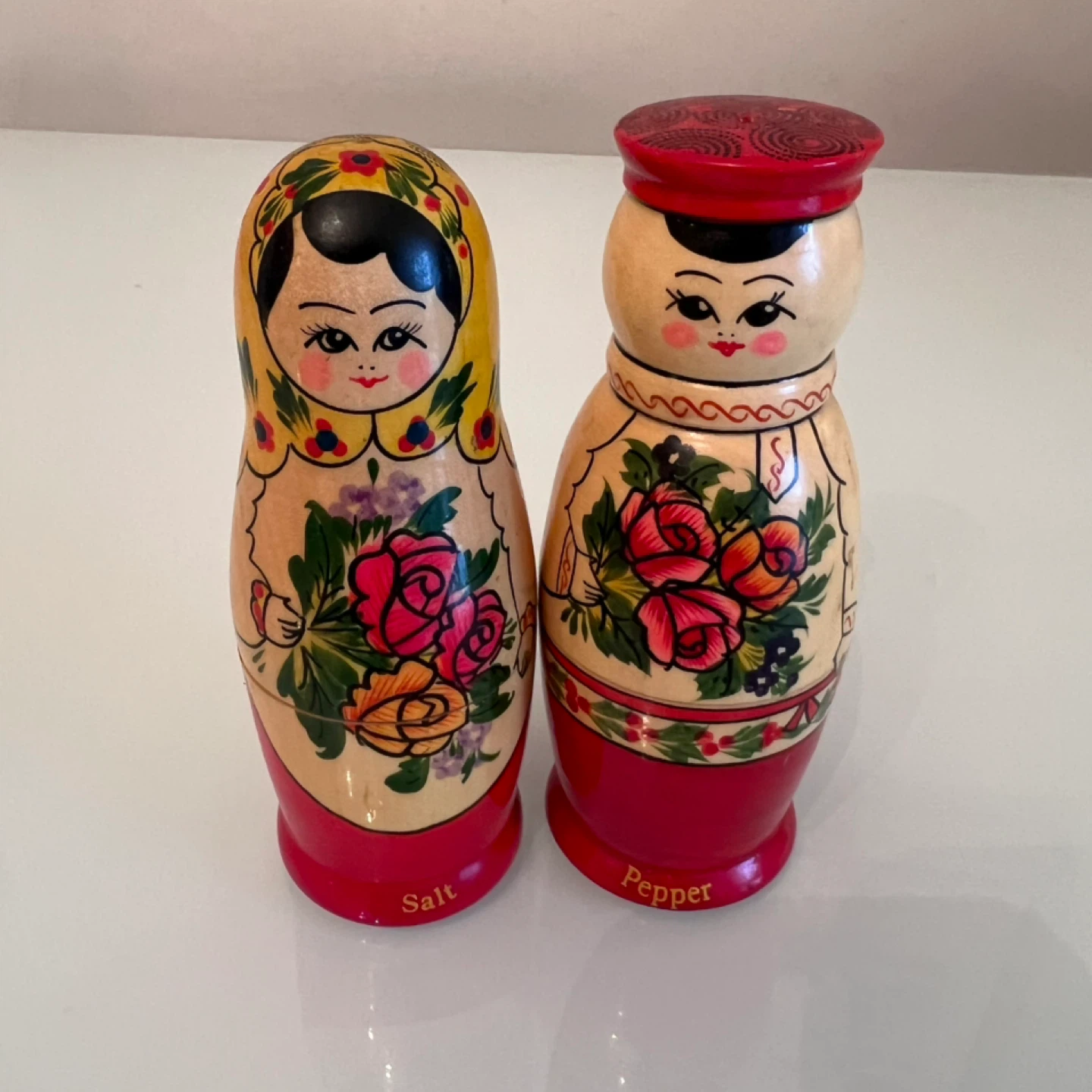 Vintage Russian Nesting Doll Salt & Pepper Shakers Folk Art Set