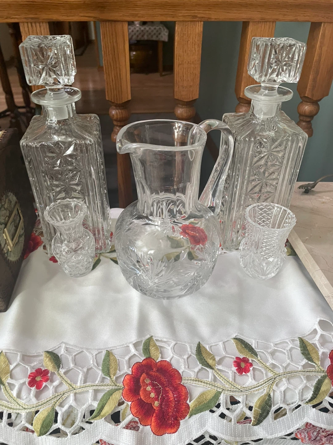 Vintage Crystal Glass Decanter Set with Pitcher