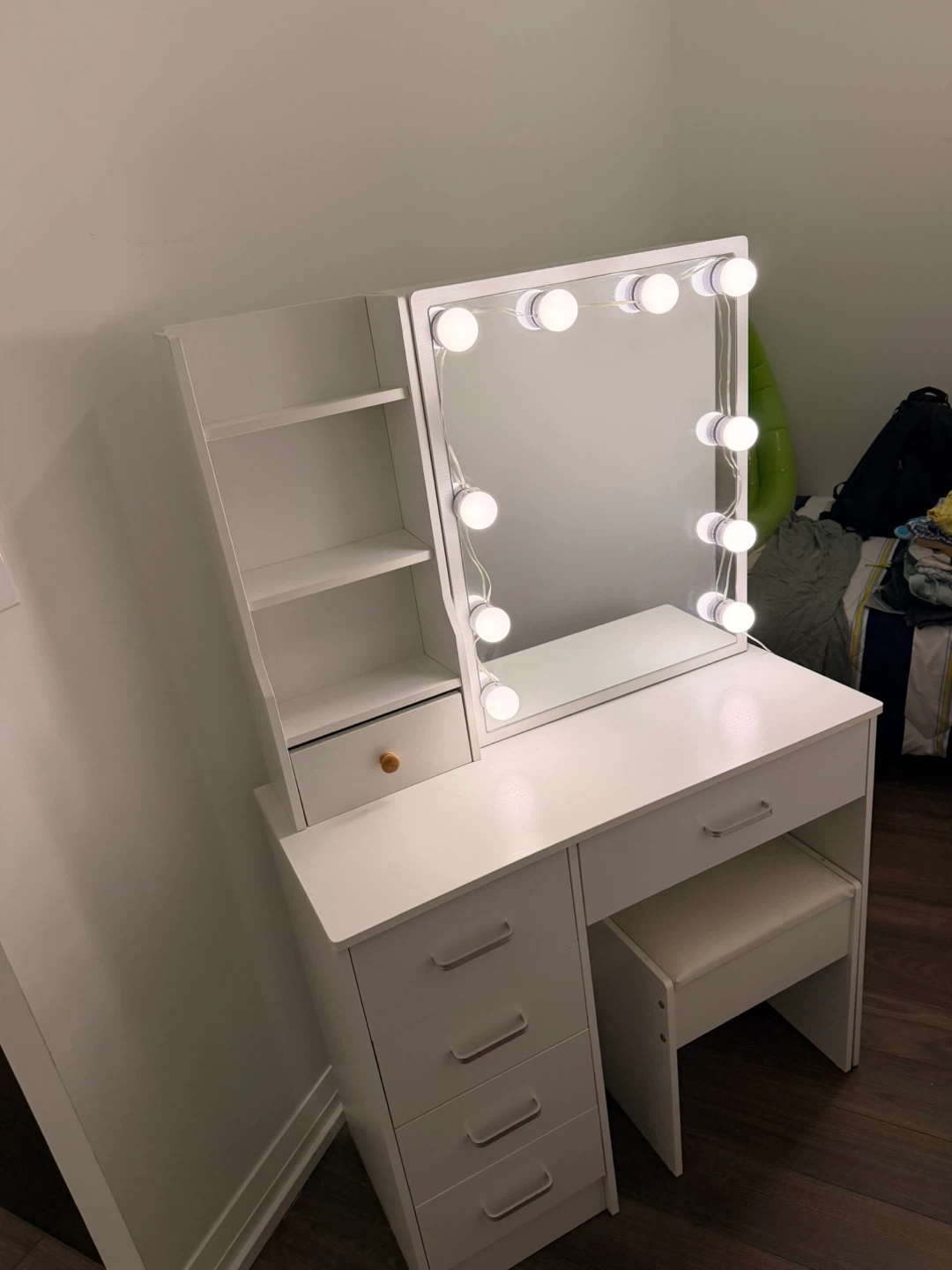 White Vanity Desk with Lighted Mirror and Stool - photo 2