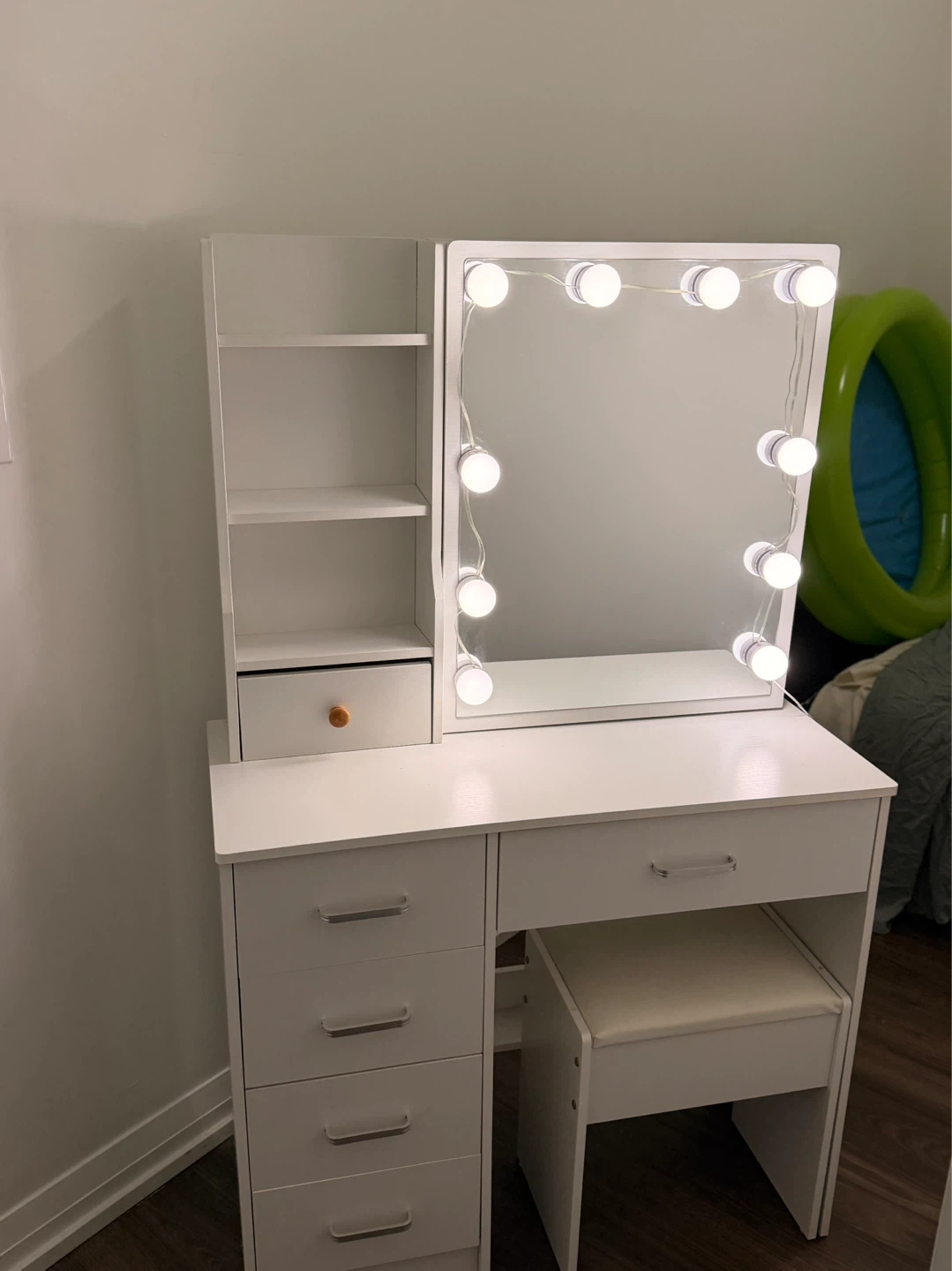 White Vanity Desk with Lighted Mirror and Stool - photo 3