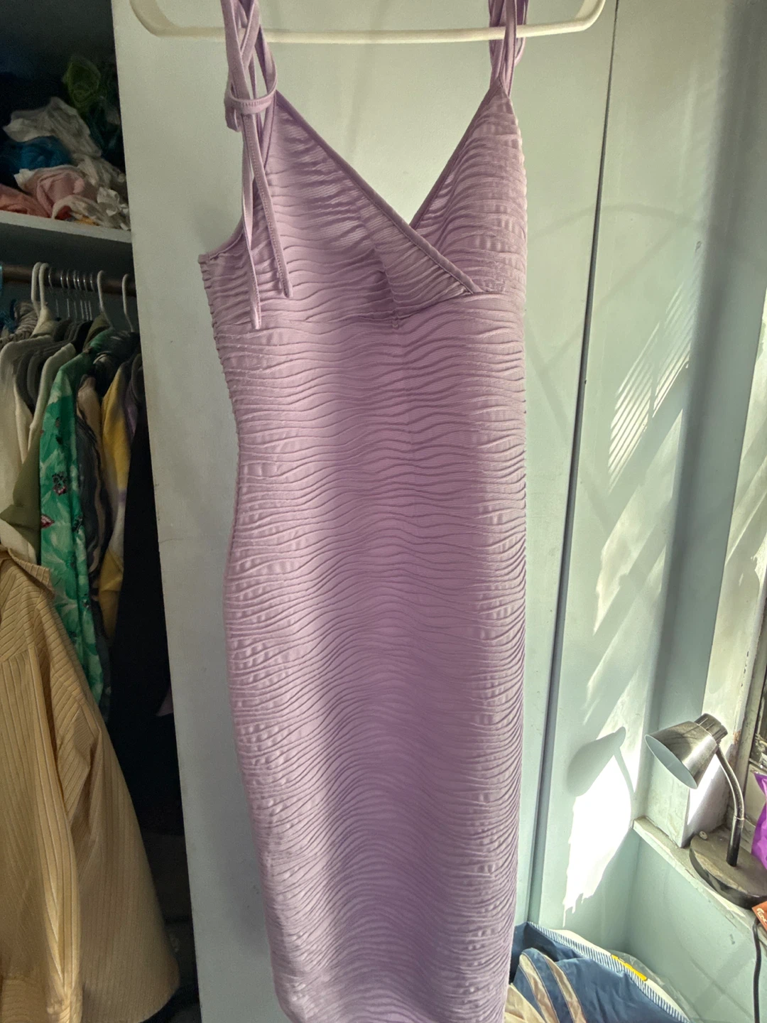 Lavender Textured Midi Dress with Tie Straps - photo 2