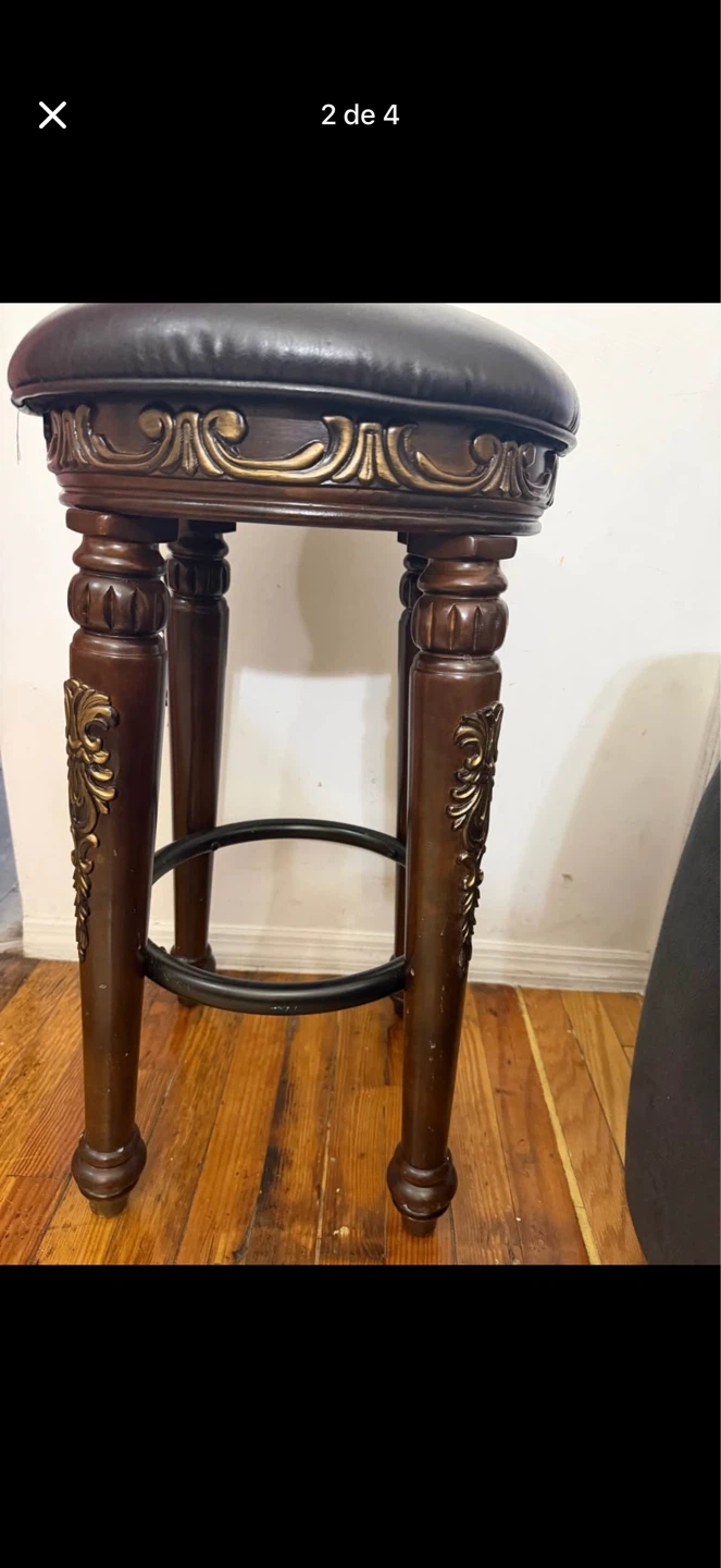 Ornate Swivel Bar Stool - Dark Wood & Brown Faux Leather - photo 2