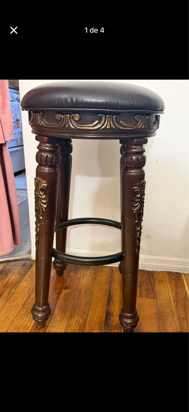 Ornate Swivel Bar Stool - Dark Wood & Brown Faux Leather