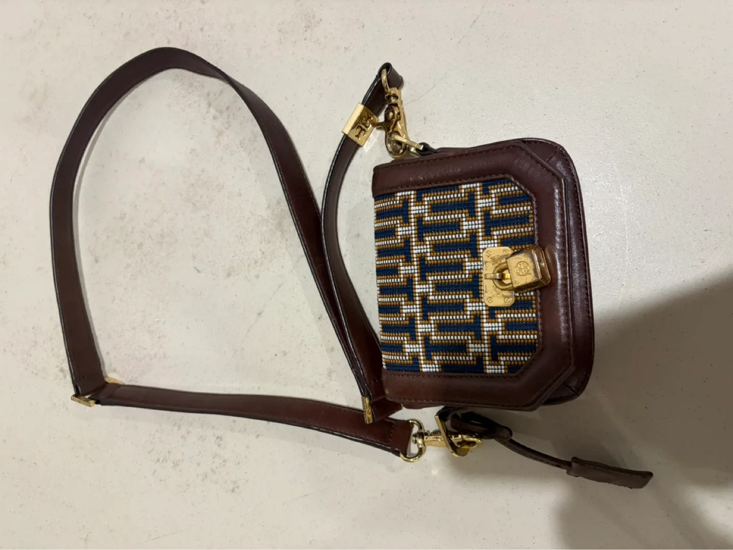 Tory Burch Brown Leather & Beaded Crossbody Bag