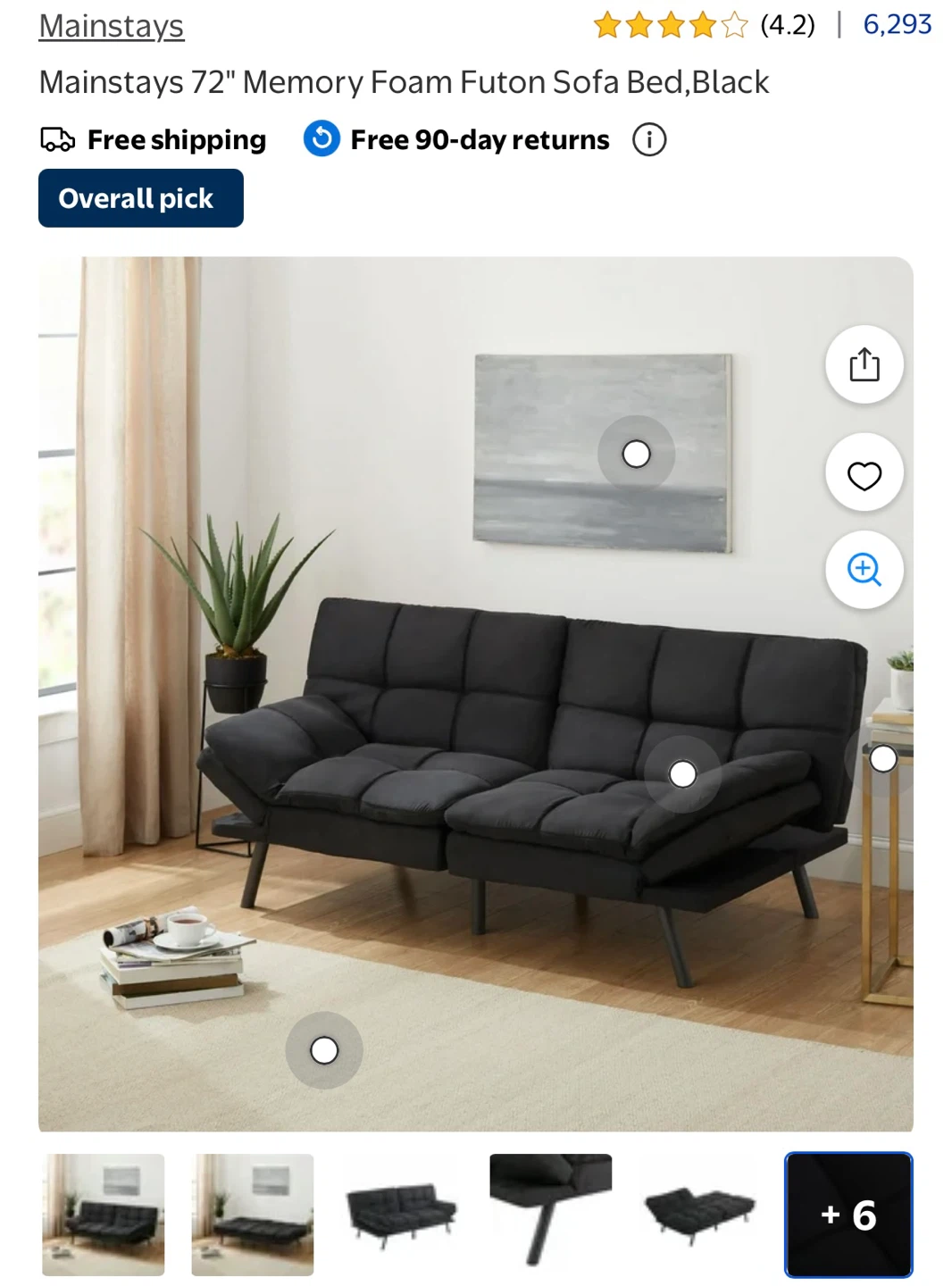 Mainstays 72" Memory Foam Futon Sofa Bed Black