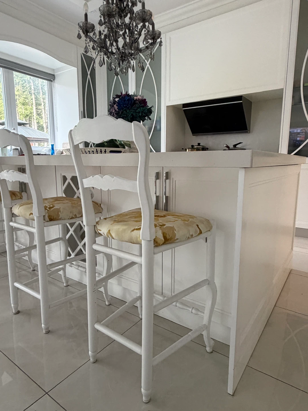 White Bar Stools with Floral Cushions (Set of 2)
