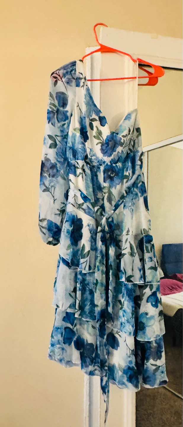 Lulus Blue Floral One-Shoulder Tiered Midi Dress, Size L - photo 4