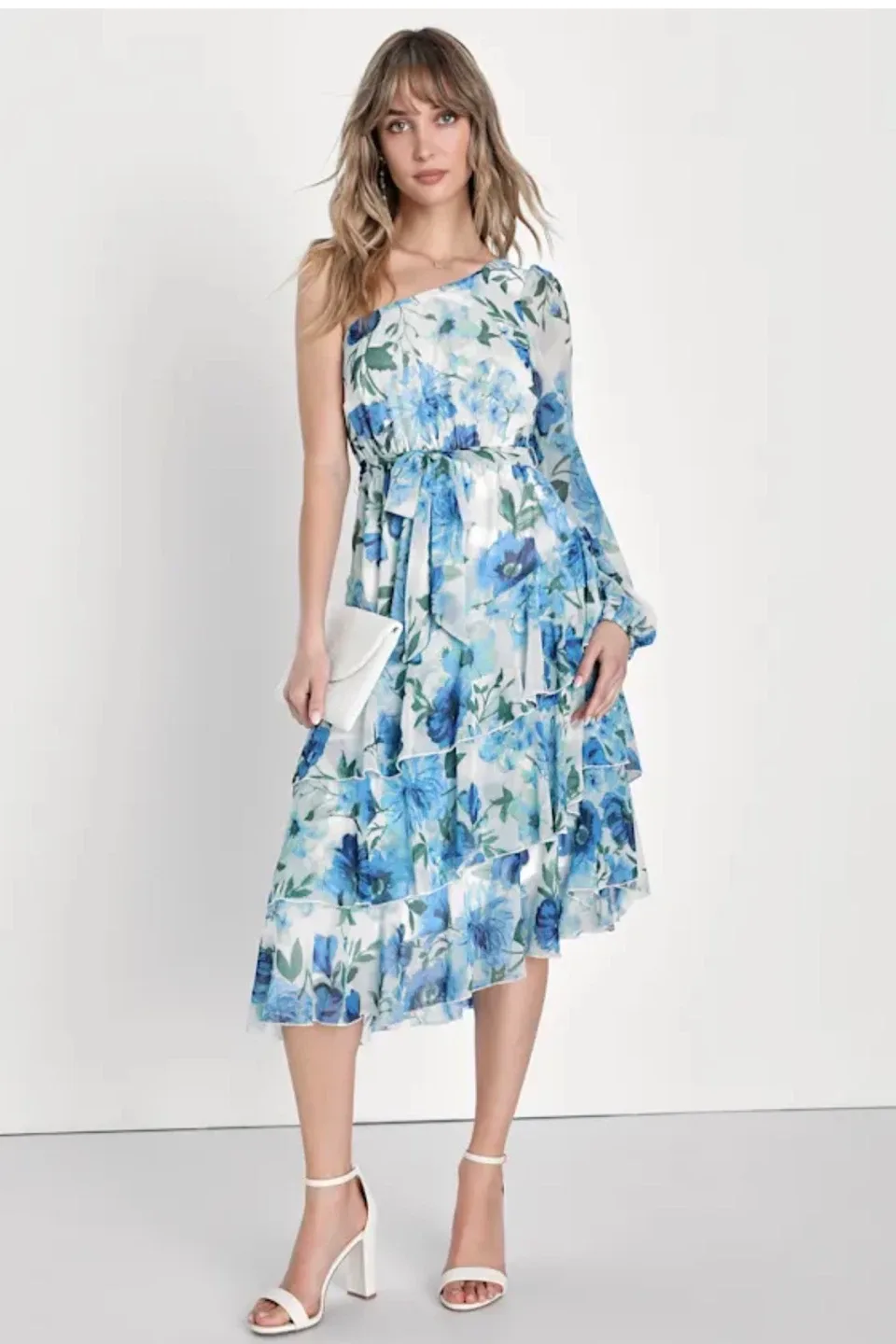 Lulus Blue Floral One-Shoulder Tiered Midi Dress, Size L - photo 2