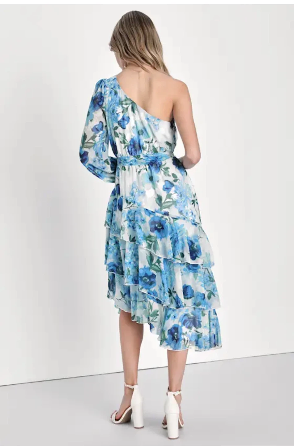 Lulus Blue Floral One-Shoulder Tiered Midi Dress, Size L