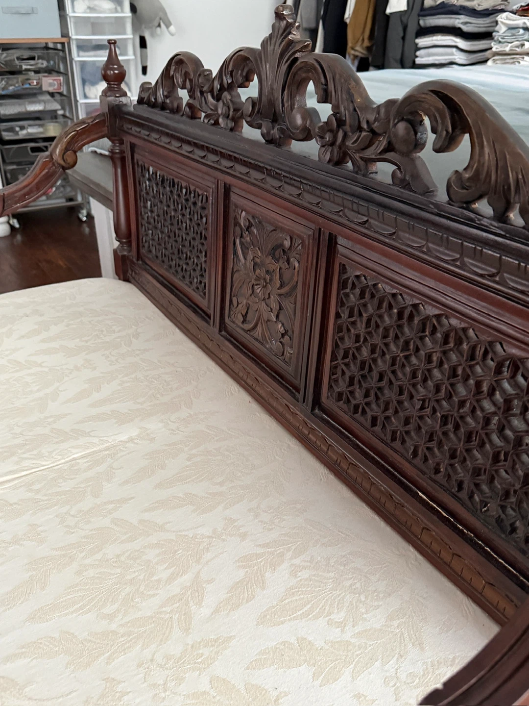 Vintage Carved Wood Bench with Upholstered Seat - photo 2