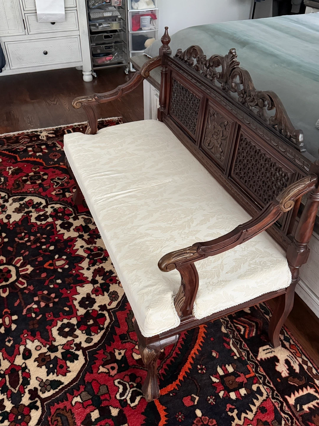 Vintage Carved Wood Bench with Upholstered Seat