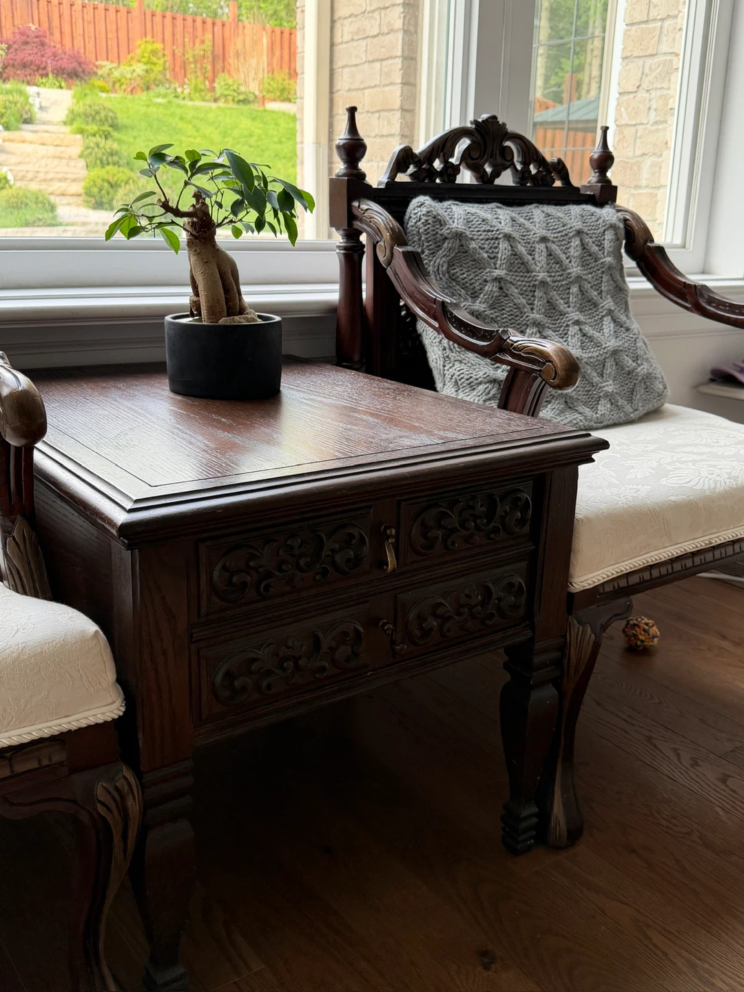 Dark Wood Side Table with Carved Details
