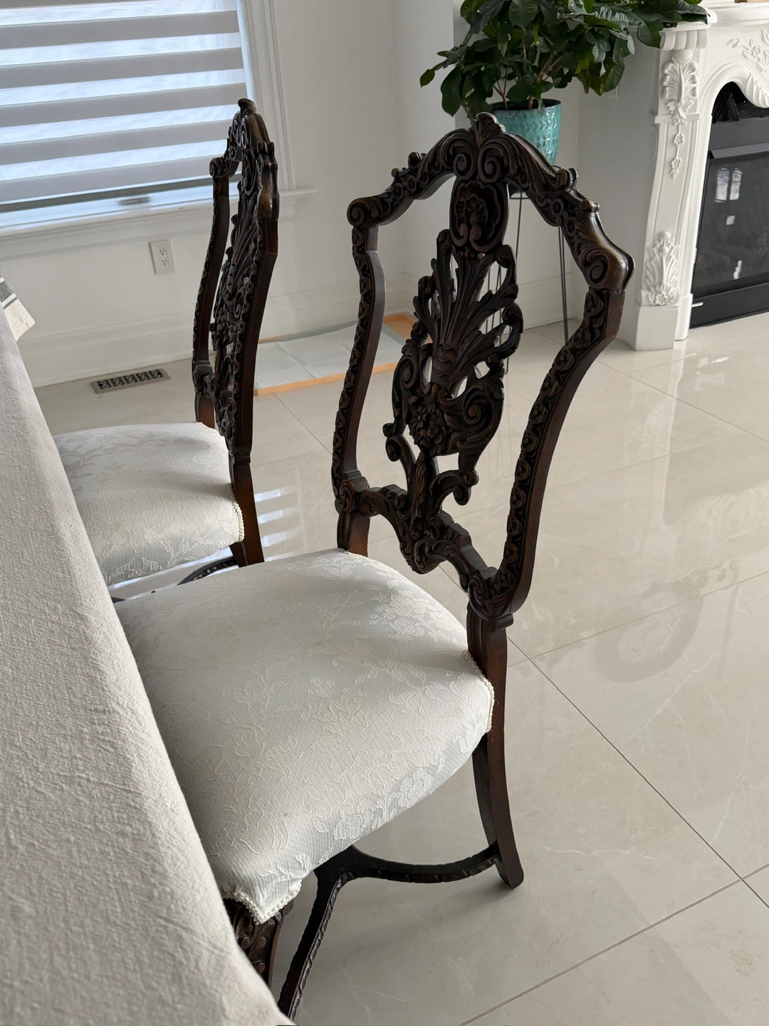 Dark Wood Dining Chair with White Upholstery