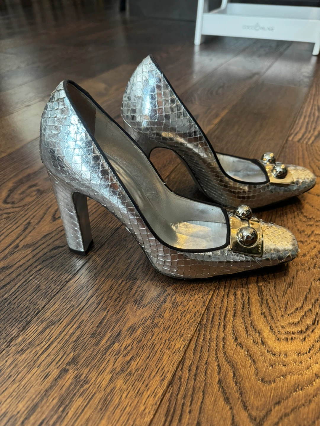 Dolce & Gabbana 38.5 Silver Snake Print Heels