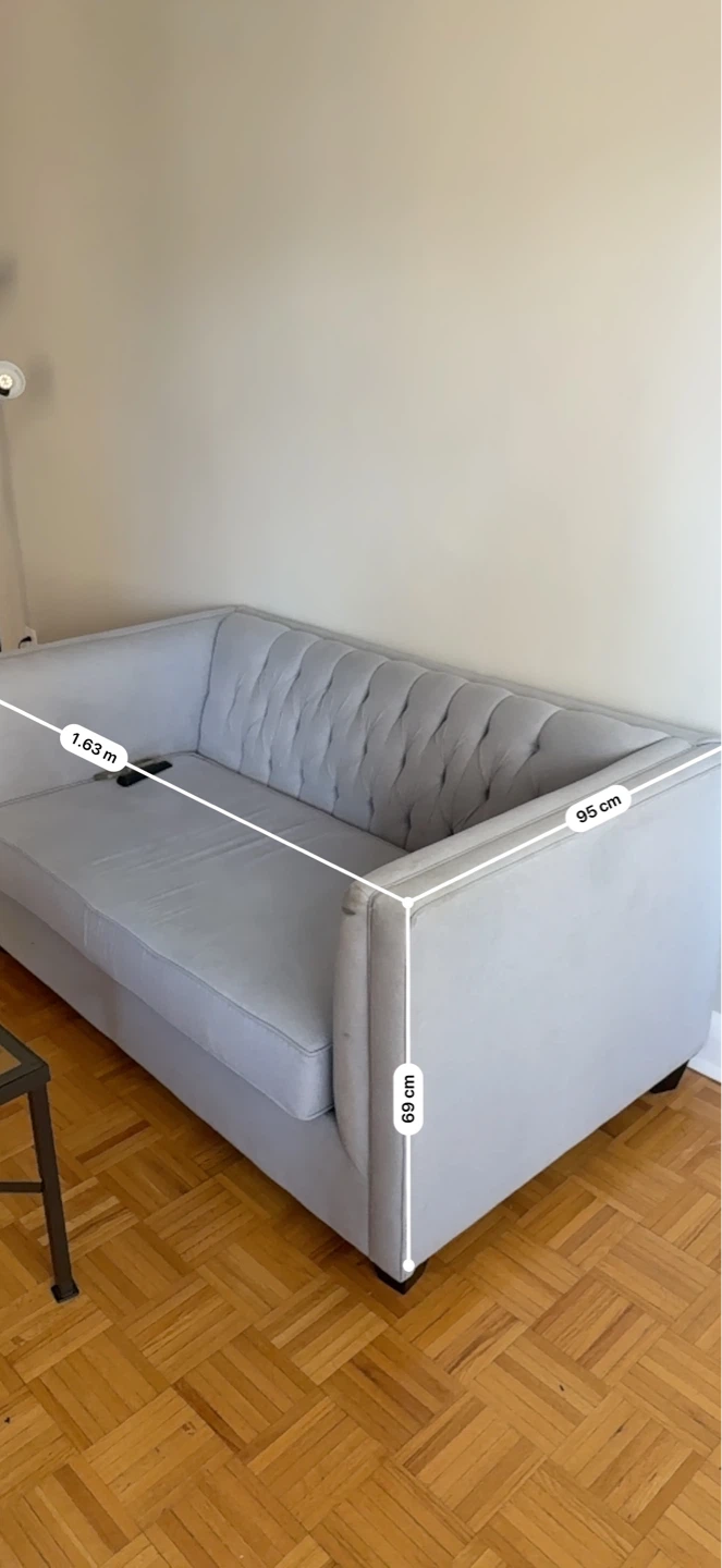 Light Grey Tufted Sofa with Black Pillows - photo 2
