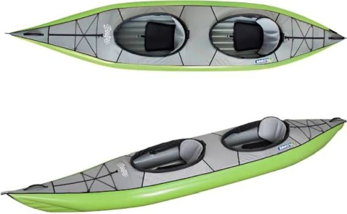2x Tandem Kayaks. Green grey and Red black.